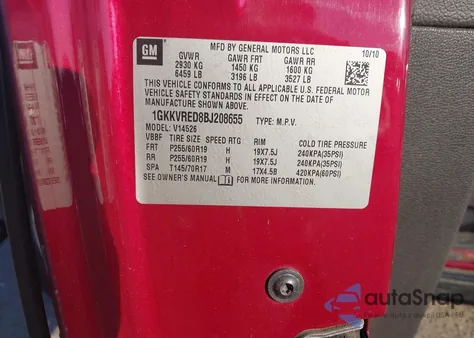 2011 GMC Acadia Slt-1 from USA, damaged, VIN 1GKKVRED8BJ208655